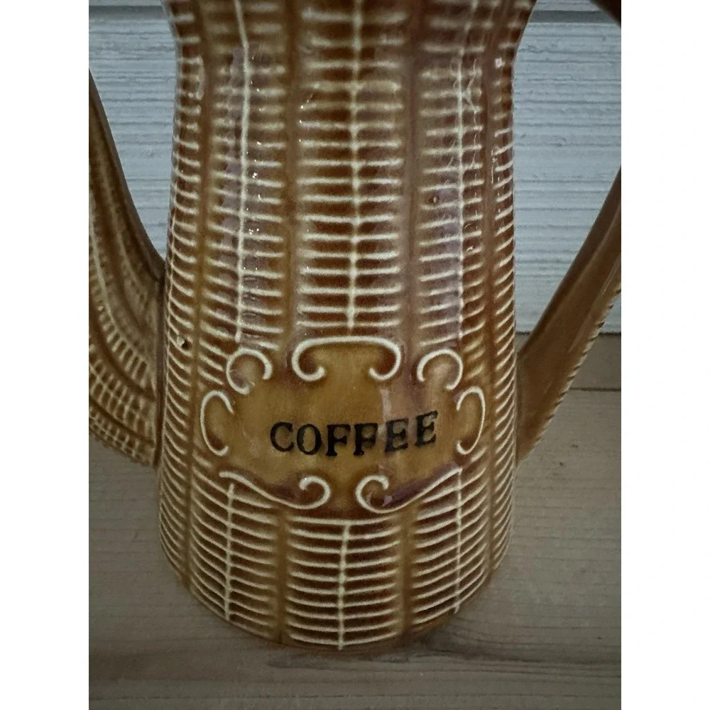 Vintage 1950s Rooster Coffee Tea Pot Basket Weave Wicker Japan Brown Ceramic